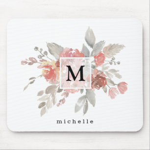 Elegant Dusty Pink Grey Flower Monogram Mouse Mat