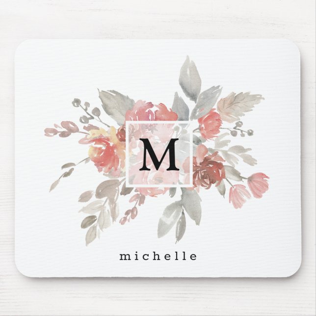 Elegant Dusty Pink Grey Flower Monogram Mouse Mat (Front)