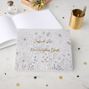 Elegant Dusty Pink Grey Hand Drawn Floral Wedding Guest Book