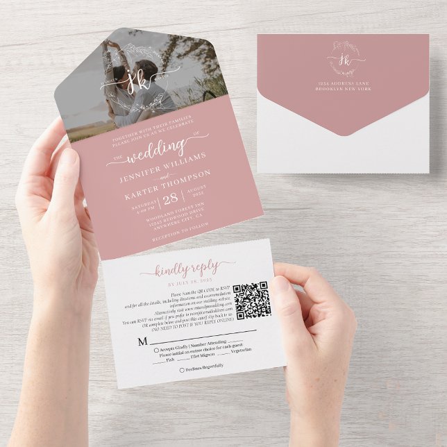 Elegant Dusty Pink Monogram QR Code Photo Wedding All In One Invitation (Creator Uploaded)