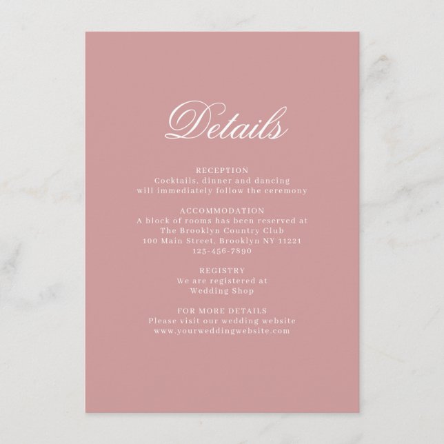 Elegant Dusty Pink Monogram Wedding Details Enclosure Card (Front)