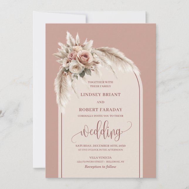 Elegant Dusty Pink Pampas Floral Wedding Invite (Front)
