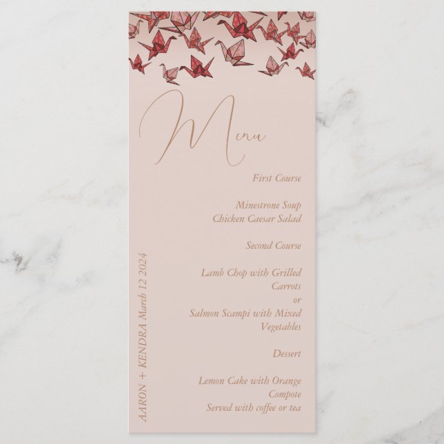 Elegant Dusty Pink Paper Crane Menu (Front)