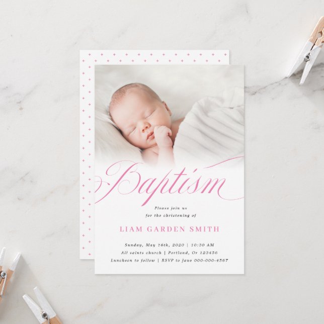 Elegant Dusty Pink Pastel Script Baptism Photo  Invitation (Front/Back In Situ)