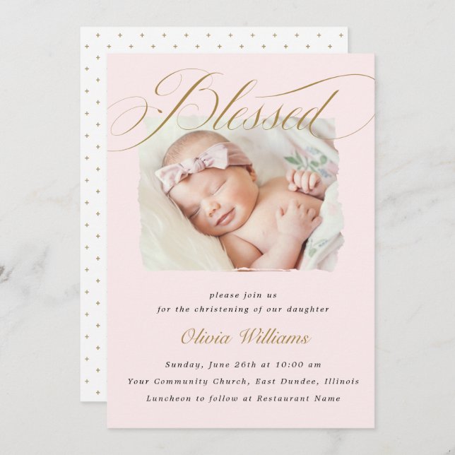 Elegant Dusty Pink Pastel Script Baptism Photo  Invitation (Front/Back)