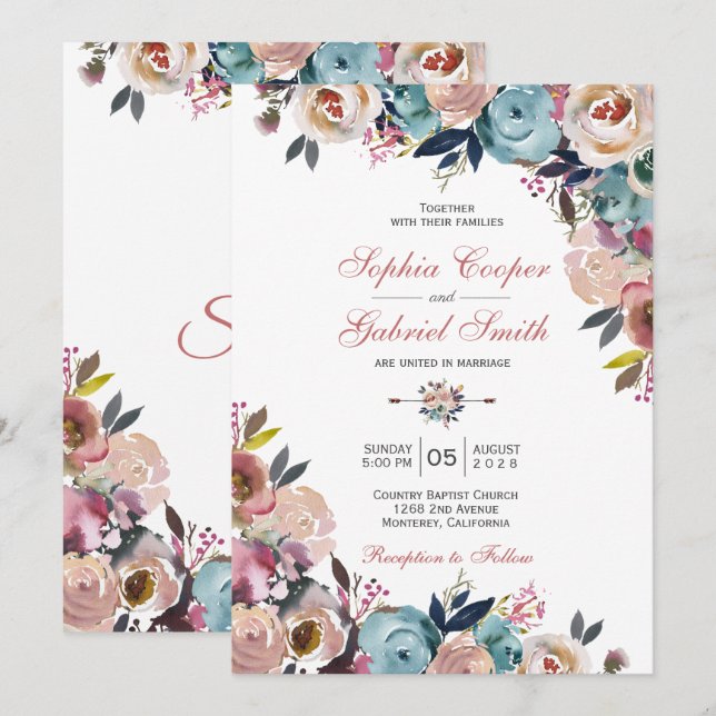 Elegant Dusty Pink Peach Blue Floral Wedding Invitation (Front/Back)