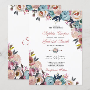 Elegant Dusty Pink Peach Blue Floral Wedding Invitation