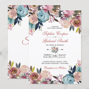 Elegant Dusty Pink Peach Blue Floral Wedding Invitation
