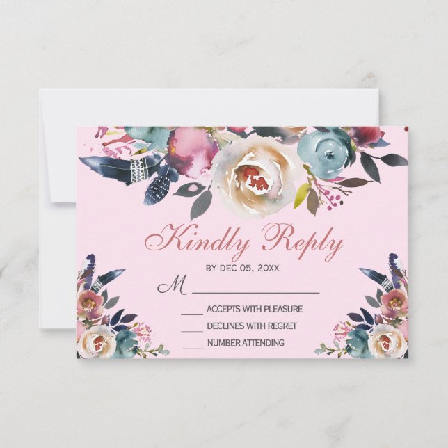 Elegant Dusty Pink Peach Blue Floral Wedding RSVP (Front)