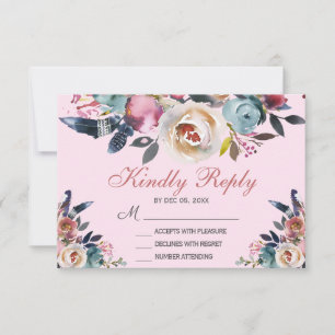 Elegant Dusty Pink Peach Blue Floral Wedding RSVP Card