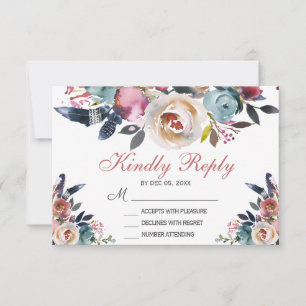 Elegant Dusty Pink Peach Blue Floral Wedding RSVP Card