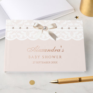 Elegant Dusty Pink Pearls Bow Lace Baby Shower  Guest Book