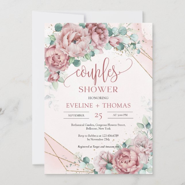 Elegant dusty pink peonies roses couples shower invitation (Front)