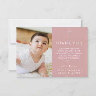 Elegant dusty pink Photo Baptism Thank You card