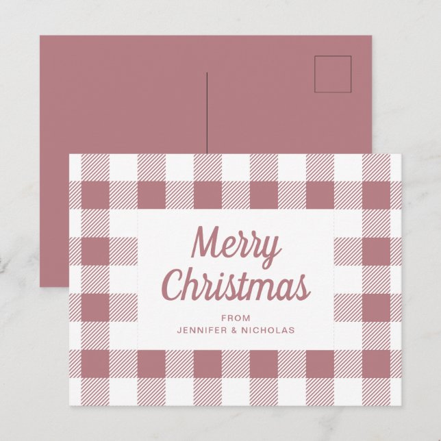 Elegant Dusty Pink Plaid Merry Christmas Postcard (Front/Back)