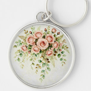 Elegant Dusty Pink Rose and Eucalyptus Floral Key Ring