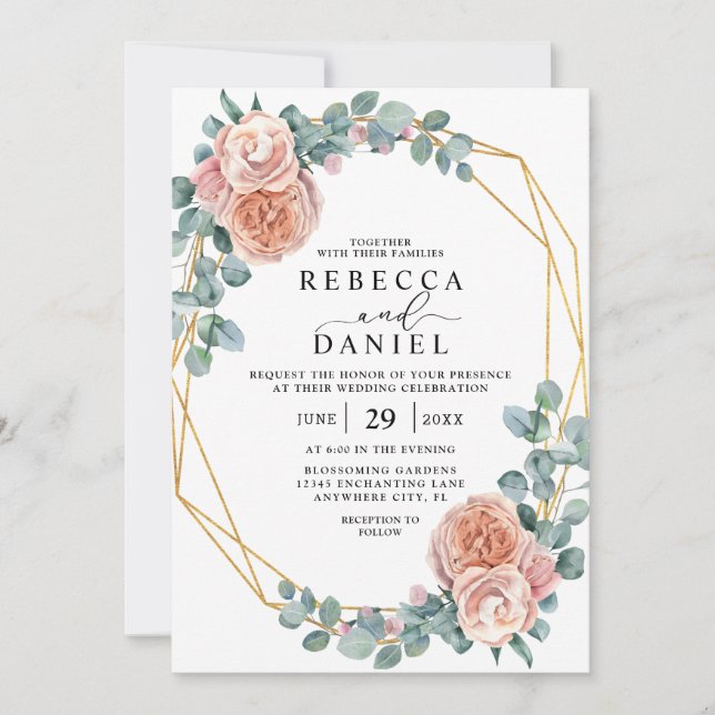 Elegant Dusty Pink Rose and Gold Floral Wedding Invitation (Front)