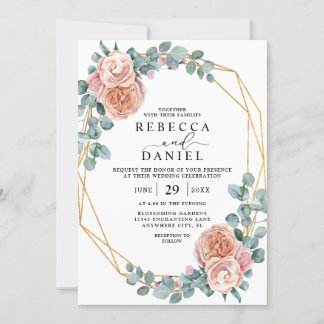 Elegant Dusty Pink Rose and Gold Floral Wedding Invitation