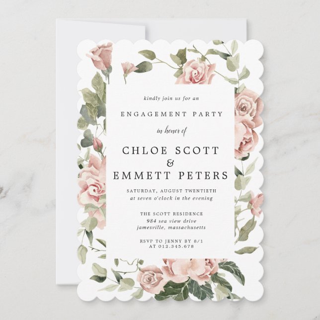 Elegant Dusty Pink Rose Floral Engagement Party Invitation (Front)