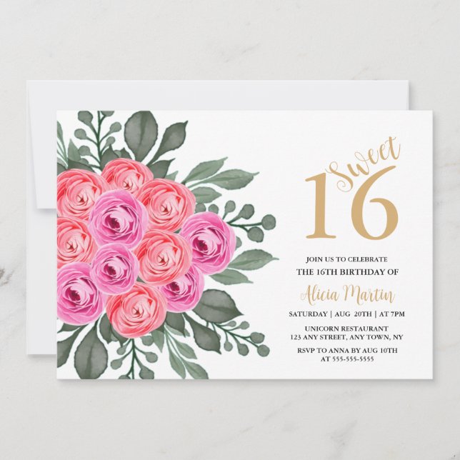 Elegant Dusty Pink Rose Greenery Gold Sweet 16 Invitation (Front)