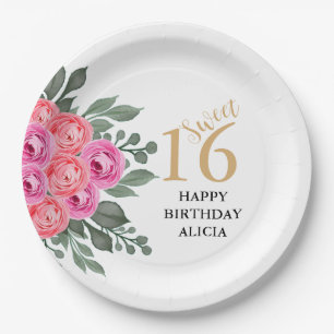 Elegant Dusty Pink Rose Greenery Gold Sweet 16 Paper Plate
