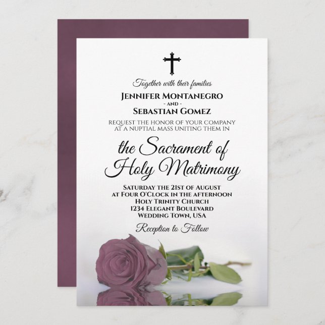 Elegant Dusty Pink Rose Modern Catholic Wedding Invitation (Front/Back)