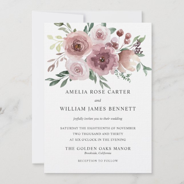 Elegant Dusty Pink Rose Modern Floral Wedding  Invitation (Front)