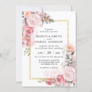 Elegant Dusty Pink Roses and Gold Modern Wedding Invitation