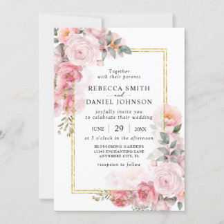 Elegant Dusty Pink Roses and Gold Modern Wedding Invitation