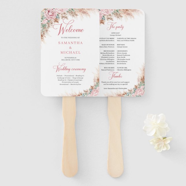 Elegant Dusty Pink Roses Pampas grass and greenery Hand Fan (Front and Back)