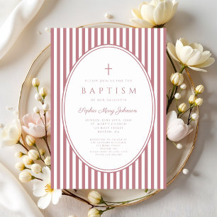 Elegant Dusty Pink Striped Girl Baptism Invitation