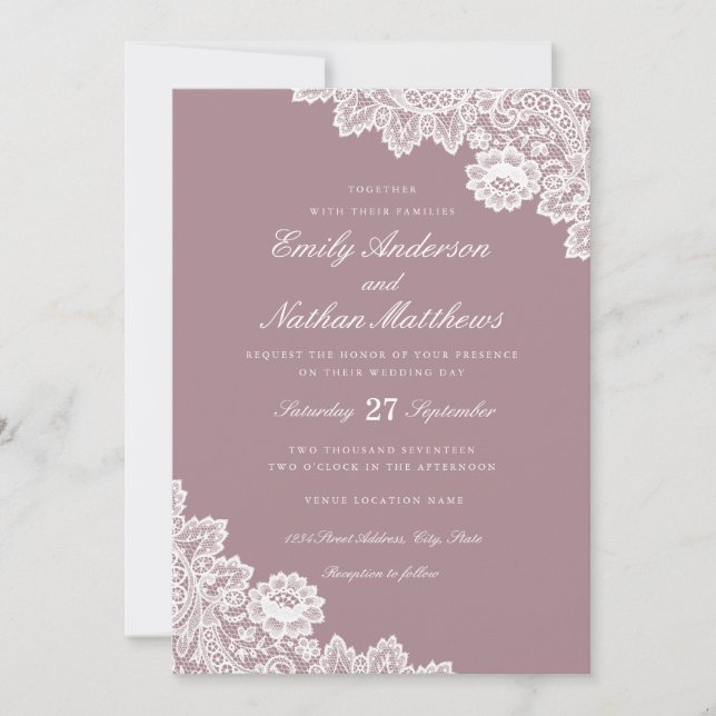 Elegant Dusty Pink White Lace Wedding Invitation (Front)