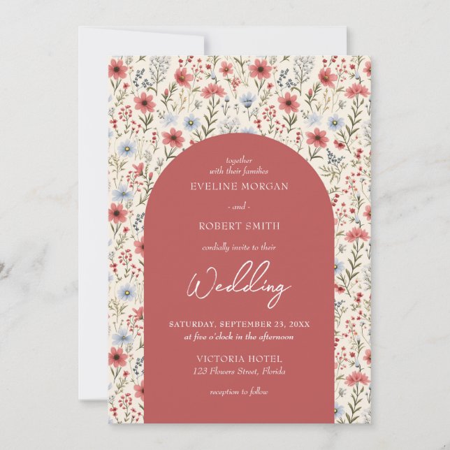 Elegant dusty pink wild flowers arch wedding invitation (Front)