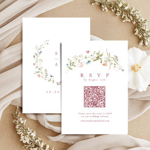 Elegant Dusty Pink Wildflower Rustic Boho QR code  RSVP Card