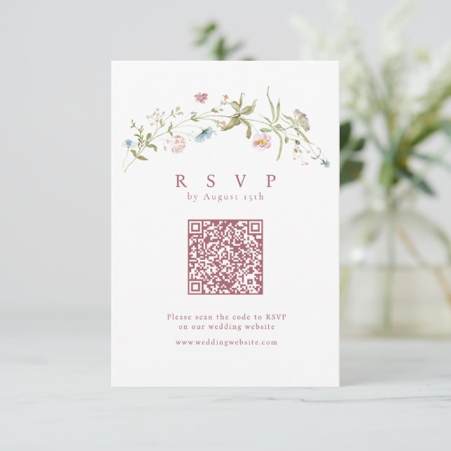 Elegant Dusty Pink Wildflower Rustic Boho QR code  RSVP Card (Standing Front)