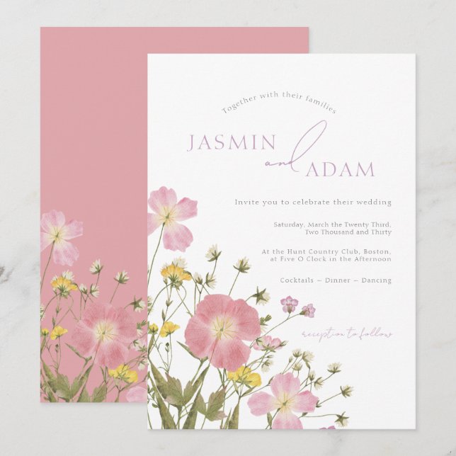 Elegant Dusty Pink Wildflowers Wedding Invitation (Front/Back)