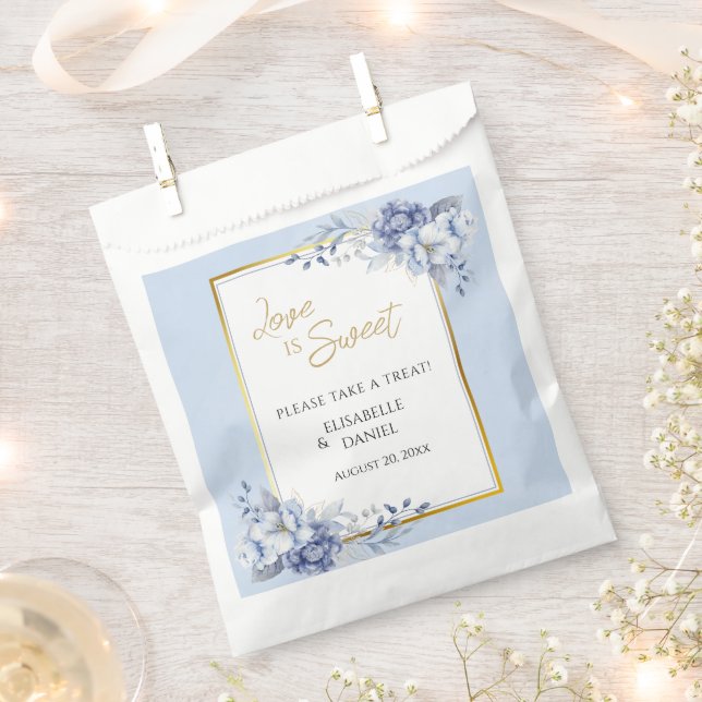 Elegant Dusty Powder Blue and Gold Floral Wedding Favour Bags (Clipped)