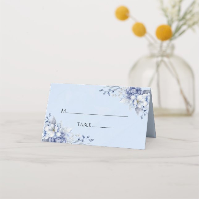 Elegant Dusty Powder Blue and Gold Floral Wedding  Place Card (Front)