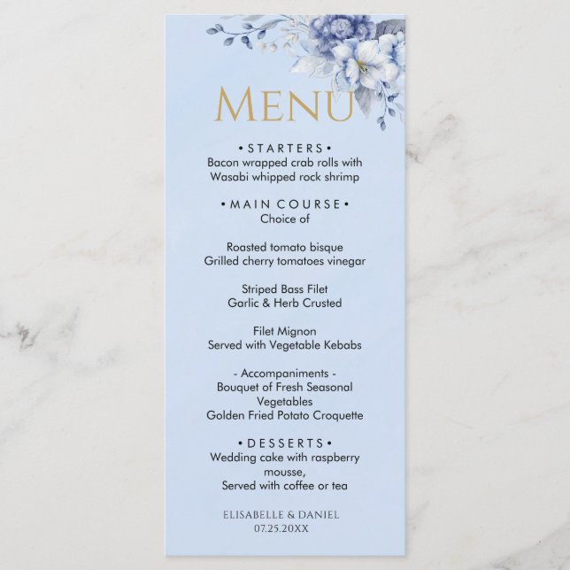 Elegant Dusty Powder Blue Floral Wedding Dinner Menu (Front)