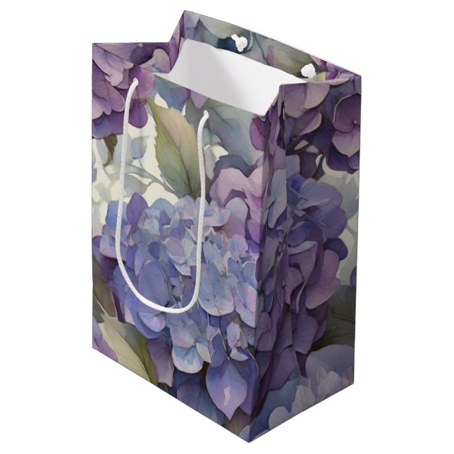 Elegant dusty purple blue watercolor hydrangeas  medium gift bag (Front Angled)