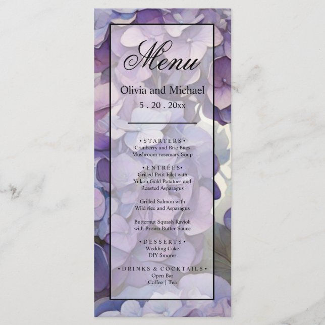 Elegant dusty purple blue watercolor hydrangeas  menu (Front)