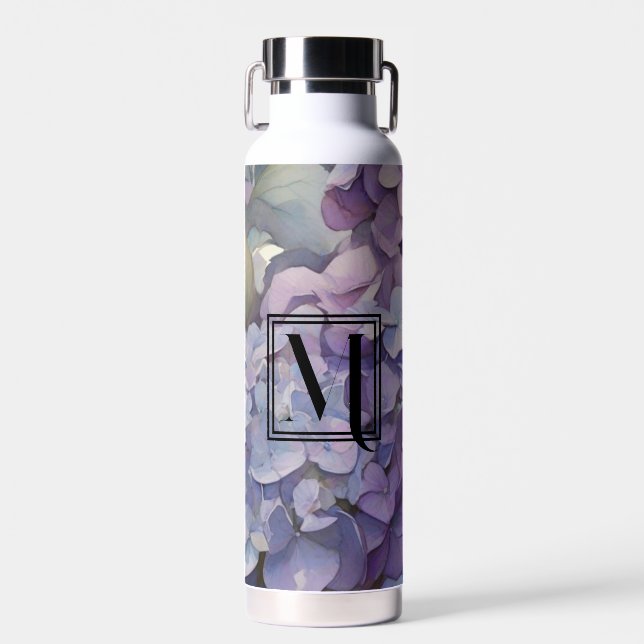 Elegant dusty purple blue watercolor hydrangeas  water bottle (Front)