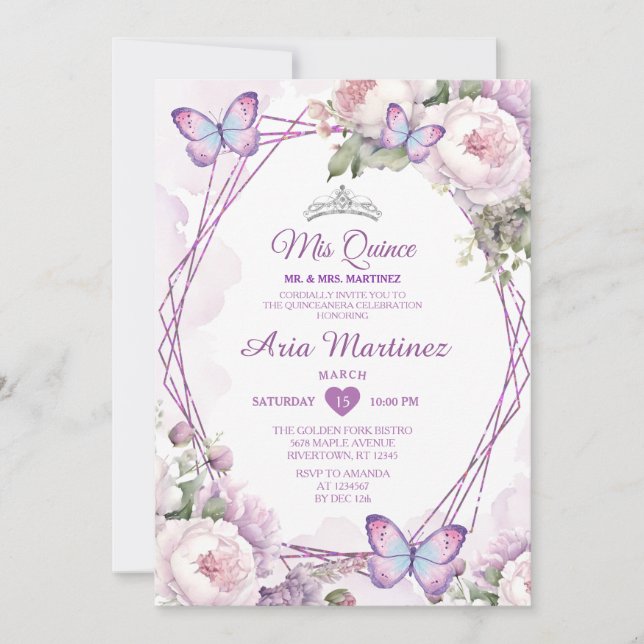 Elegant Dusty Purple Floral Butterfly Mis Quince Invitation (Front)