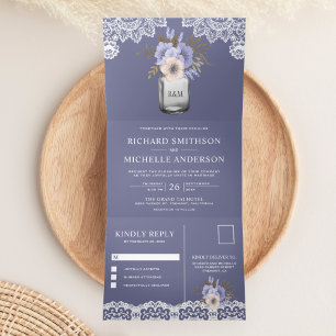 Elegant Dusty Purple Floral Mason Jar Lace Wedding Tri-Fold Invitation