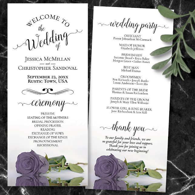 Elegant Dusty Purple Heather Rose Romantic Wedding Programme (Front and Back)