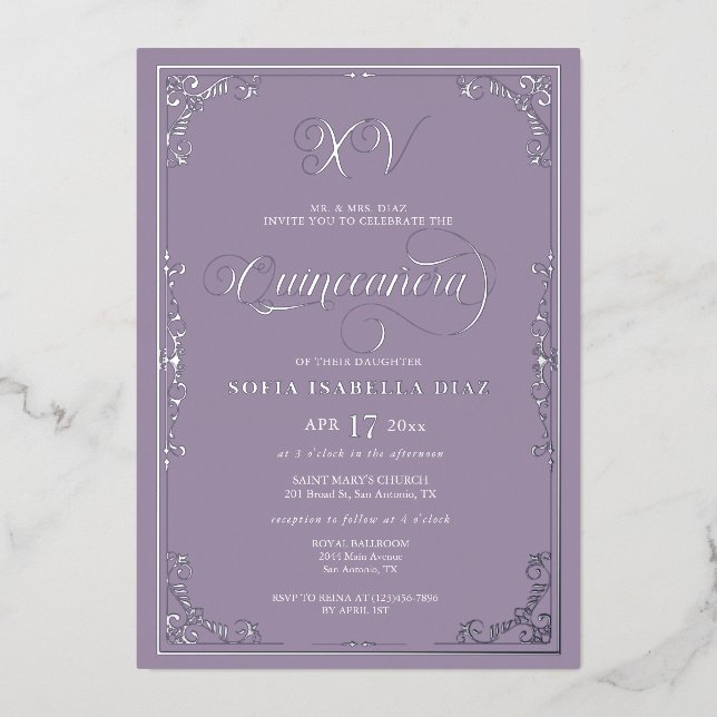 Elegant Dusty Purple Lavender Quinceañera Silver  (Front)