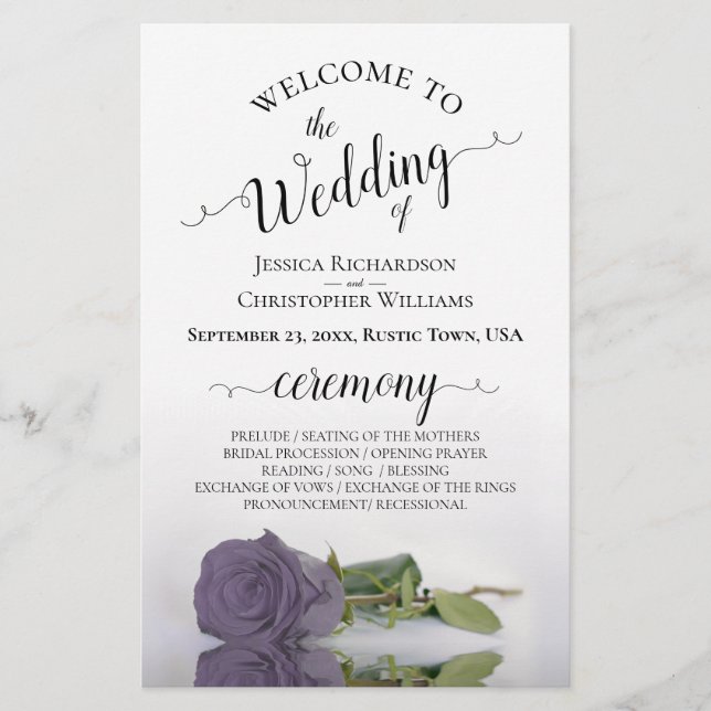 Elegant Dusty Purple Rose Budget Wedding Program (Front)