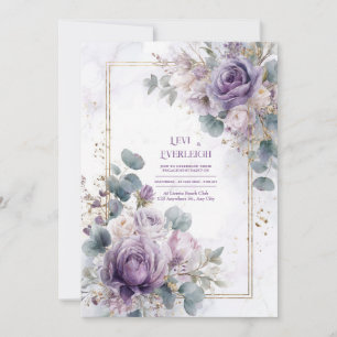 Elegant Dusty Purple Rose Eucalyptus Gold Marble Invitation