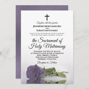 Elegant Dusty Purple Rose Modern Catholic Wedding Invitation