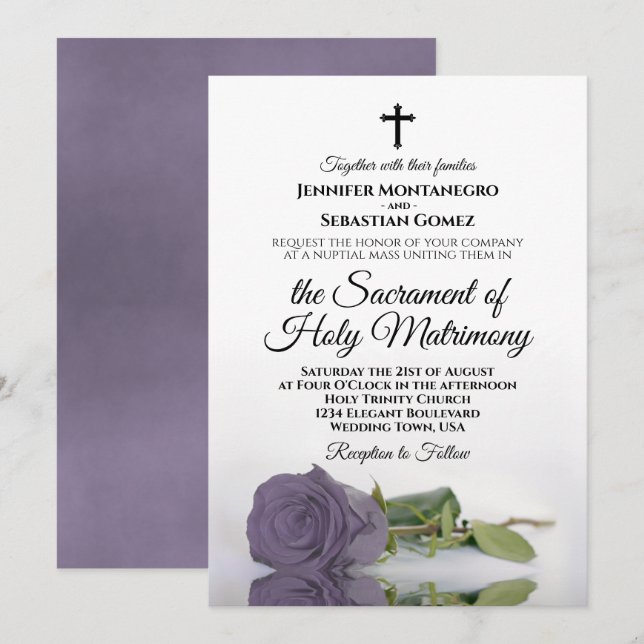 Elegant Dusty Purple Rose Modern Catholic Wedding Invitation (Front/Back)